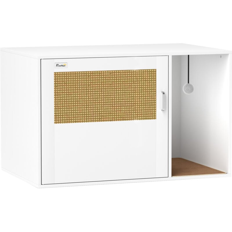 Maison de toilette chat style cosy effet rotin - porte, griffoir, jeu boule - blanc