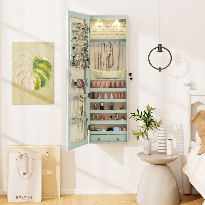 Armoire à Bijoux Mural avec Miroir et Lumière LED Armoire de Rangement Accrochée à La Porte 120 x 36 x 10 cm Vert Clair