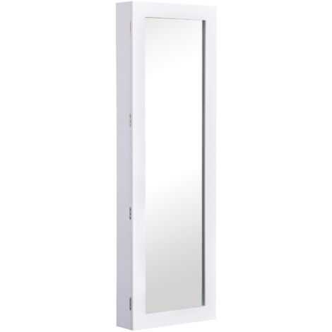 Armoire à bijoux murale avec miroir, crochets et compartiments en bois, idéale pour ranger boucles d'oreilles, colliers et bagues. Dimensions : 37 x 9,5 x 112 cm. Couleur : blanc.