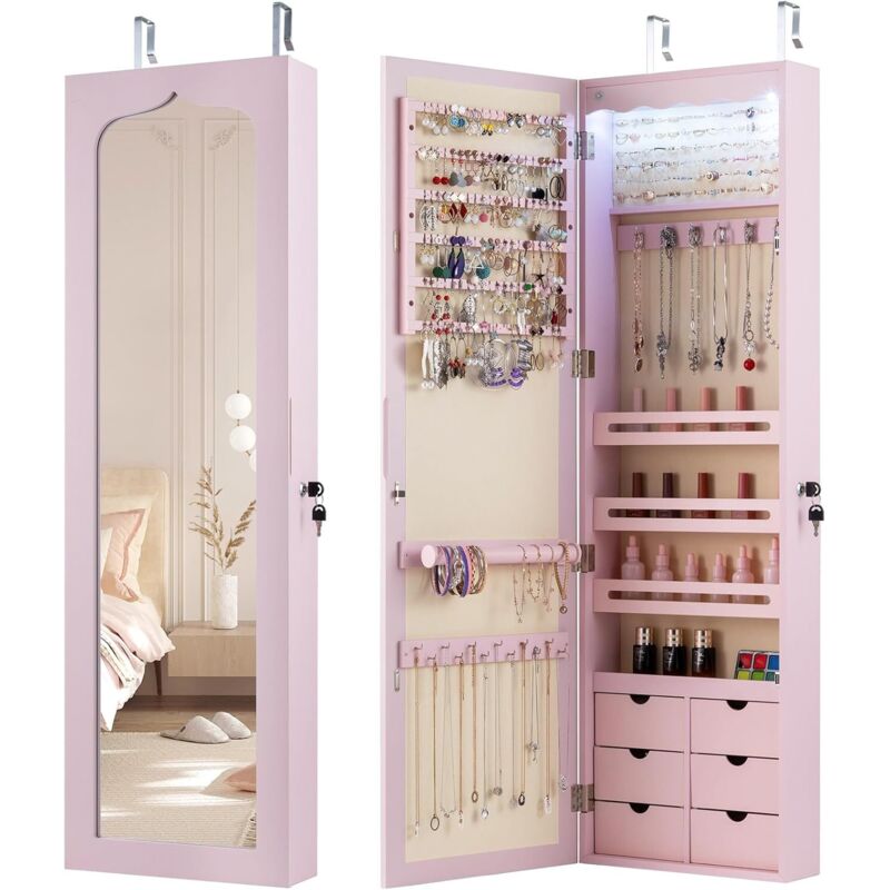 Armoire à Bijoux Murale avec Miroir, Inclus 5 Lumières LED, Emplacement pour Boucles d'Oreiller,Bracelets,Bag etc.36,5 x 11,5 x 120 cm (Rose)