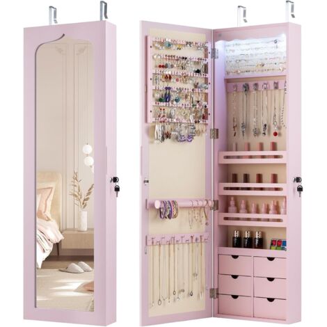 Armoire à Bijoux Murale avec Miroir, Inclus 5 Lumières LED, Emplacement pour Boucles d'Oreiller,Bracelets,Bag etc.36,5 x 11,5 x 120 cm (Rose)