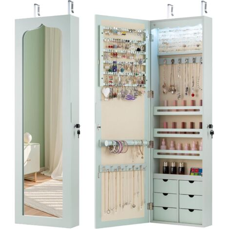 Armoire à Bijoux Murale avec Miroir, Inclus 5 Lumières LED, Emplacement pour Boucles d'Oreiller,Bracelets,Bag etc.36,5 x 11,5 x 120 cm (Vert)