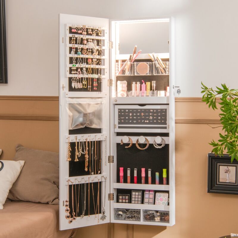 Armoire à Bijoux Murale avec Miroir Pleine Longueur Lumières LED 3 Couleurs Petit miroir intégré 2 Façons d'Utiliser Blanc DESIGN IN