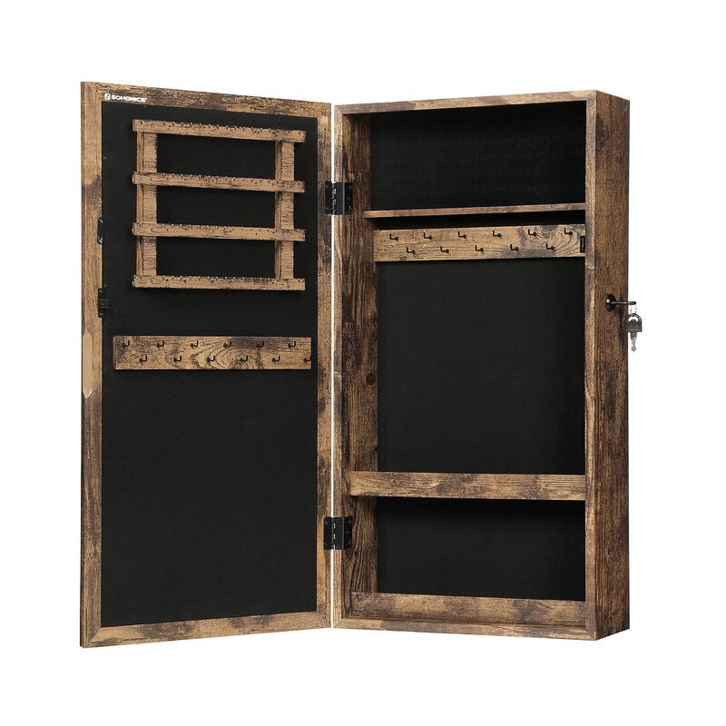 Songmics - Armoire à Bijoux Murale, Organisateur de Bijoux, Rangement, Verrouillable, avec Miroir, Peu Encombrant, Surface en Marron Rustique et