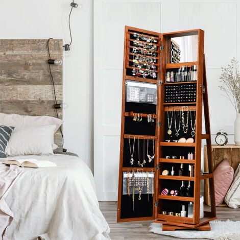 Armoire à Bijoux Pivotante 360°, Grand Miroir Psyché, Étagère de Rangement, Marron CW69924
