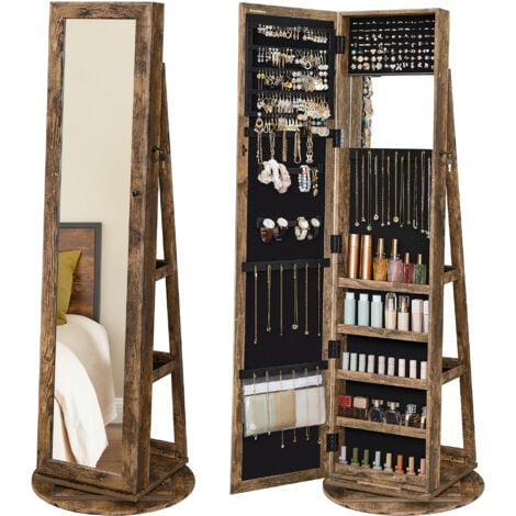 SONGMICS Armoire à bijoux pivotante à 360°, avec grand miroir psyché, Organisateur de bijoux verrouillable, avec miroir intérieur, étagères de rangement à l'arrière, Marron Rustique