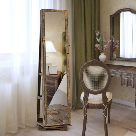 Armoire à Bijoux Pivotante à 360 Degrés avec Grand Miroir Psyché et Etagère de Rangement à L’Arrière Café Maison Chic