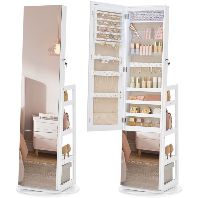 Armoire à Bijoux, Rangement à Bijoux, Miroir Intégral, 4 Étagères de Rangement, Éclairage Intégré, Rotation à 360°, pour Chambre, Dressing ou Entrée,