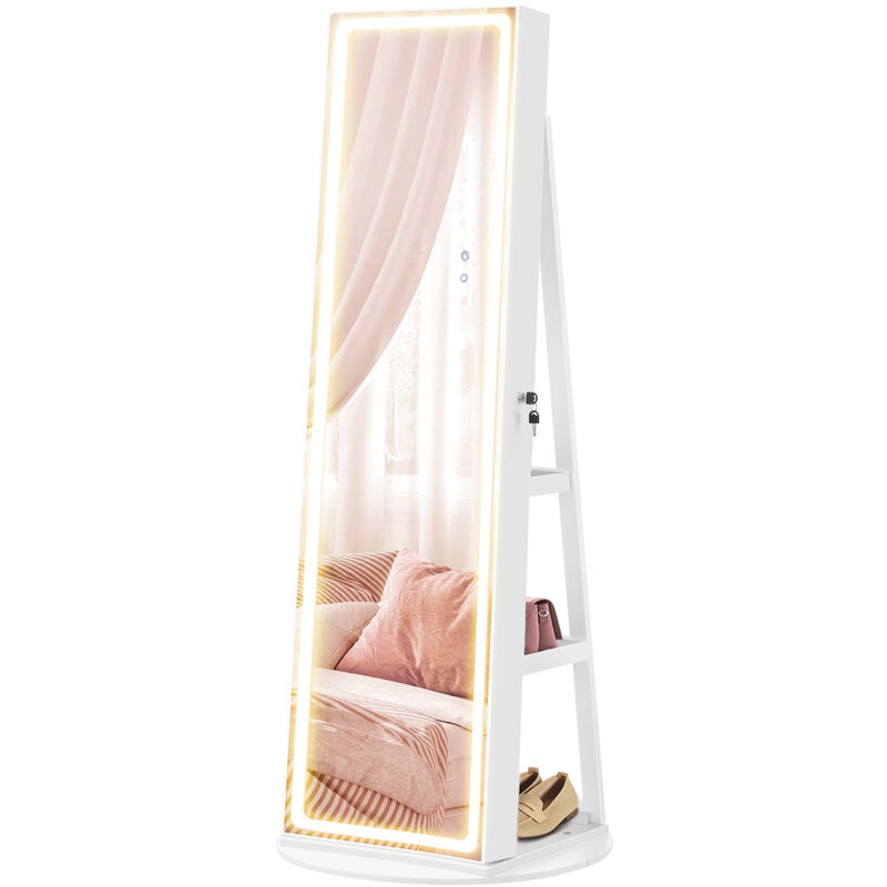 Songmics – Armoire à bijoux sur pied avec miroir pleine longueur – Éclairage réglable 3 modes – Grand espace de rangement – Blanc nuage – 55 x 55 x