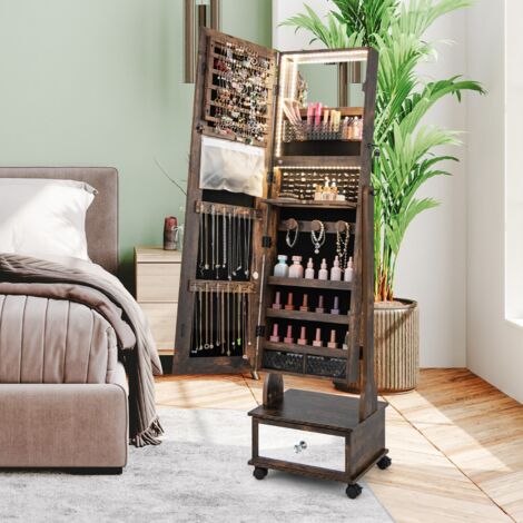 Armoire à Bijoux sur Pied, Armoire de rangement, 4 Roues Verrouillables, Miroir Pleine Longueur, LED, Tiroir avec Serrure, Marron CW1853 DESIGN IN