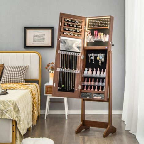 Armoire à Bijoux sur Pied, Armoire de rangement, Lumières LED, Armoire Verrouillable, Miroir Pleine Longueur Éclairé, Marron Rustique CW9378 Maison Chic