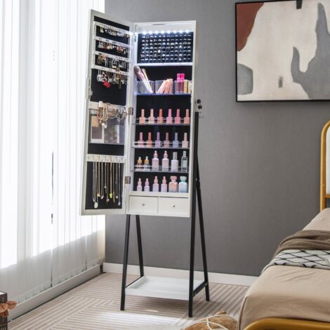 Armoire à Bijoux sur Pied, Armoire de rangement, Miroir Pleine Longueur, LED 3 Couleurs, Interrupteur Tactile, Porte Verrouillable, Blanc CW2522 Maison Chic