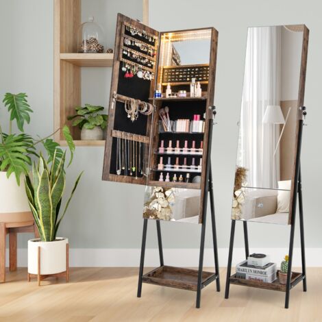 Armoire à Bijoux sur Pied, Armoire de rangement, Miroir Pleine Longueur, LED 3 Couleurs, Miroir Intérieur, Porte Verrouillable, Marron CW5536 Maison Chic