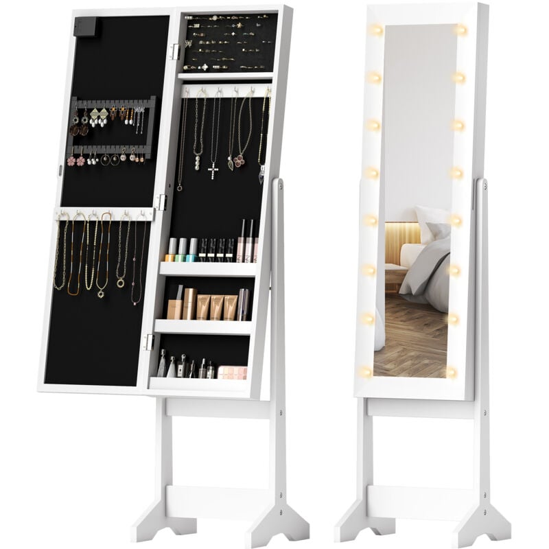 Armoire à bijoux armoire de rangement sur pied boîte à bijoux avec miroir multi-rangement éclairage LED blanc