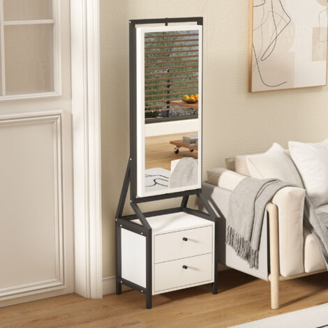 Armoire à bijoux sur pied pivotante avec miroir et 2 tiroirs, blanc