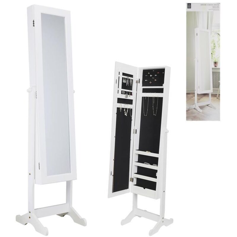 The Home Deco Factory – Miroir armoire à bijoux sur pieds – MDF blanc – Hauteur 146,2 cm – Longueur 39,5 cm – Compartiments intégrés pour rangement