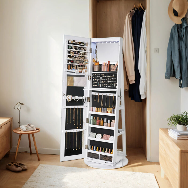 Armoire à Bijoux sur Pieds, Miroir Psyché sans Cadre, Verrouillable, 6 LED, Pivotant 360°, 3 Étagères, Surface en Blanc, Doublure en Noir