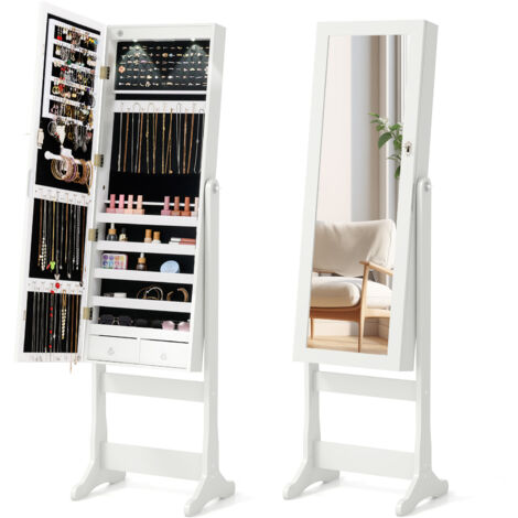 Armoire à Bijoux Verrouillable avec Miroir Pleine Longueur et Lumières LED, avec 4 Angles Inclinables, Crochets, Étagères et Tiroirs, Blanc