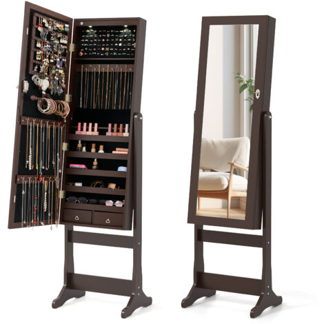 Armoire à Bijoux Verrouillable avec Miroir Pleine Longueur et Lumières LED, avec 4 Angles Inclinables, Crochets, Étagères et Tiroirs, Marron