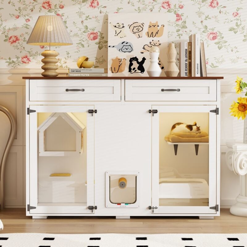 Fufu&gaga - Armoire à chat avec trou pour chat,litière pour chat avec éclairage LED,maison pour chat avec 2 portes+2 tiroirs,litière pour