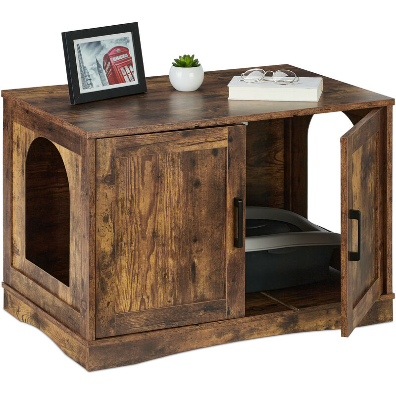 Meuble de toilette pour chat, séparateur amovible, 2 entrées, design industriel, HxLxP : 50x75,5x50 cm, marron - Relaxdays