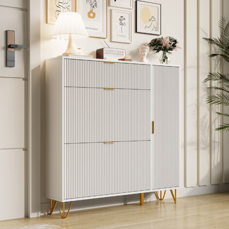 Armoire à chaussure Inclinable, meuble à chaussures avec 2 volets, armoire à chaussures dans le couloir, etagère caché et cabinet botte sur côté, 110 x 24 x 111.5 cm, blanc