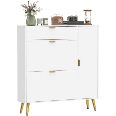 Armoire à chaussures 12 paires, 2 tiroirs rabattables, 4 casiers, 99,4x23,8x106,6cm, blanc