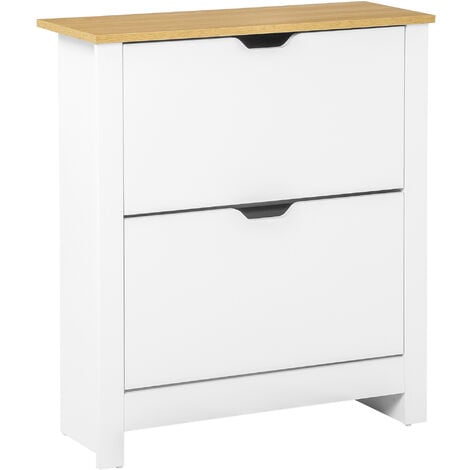 Armoire à chaussures 2 portes abattantes 2 compartiments panneaux particules blanc chêne