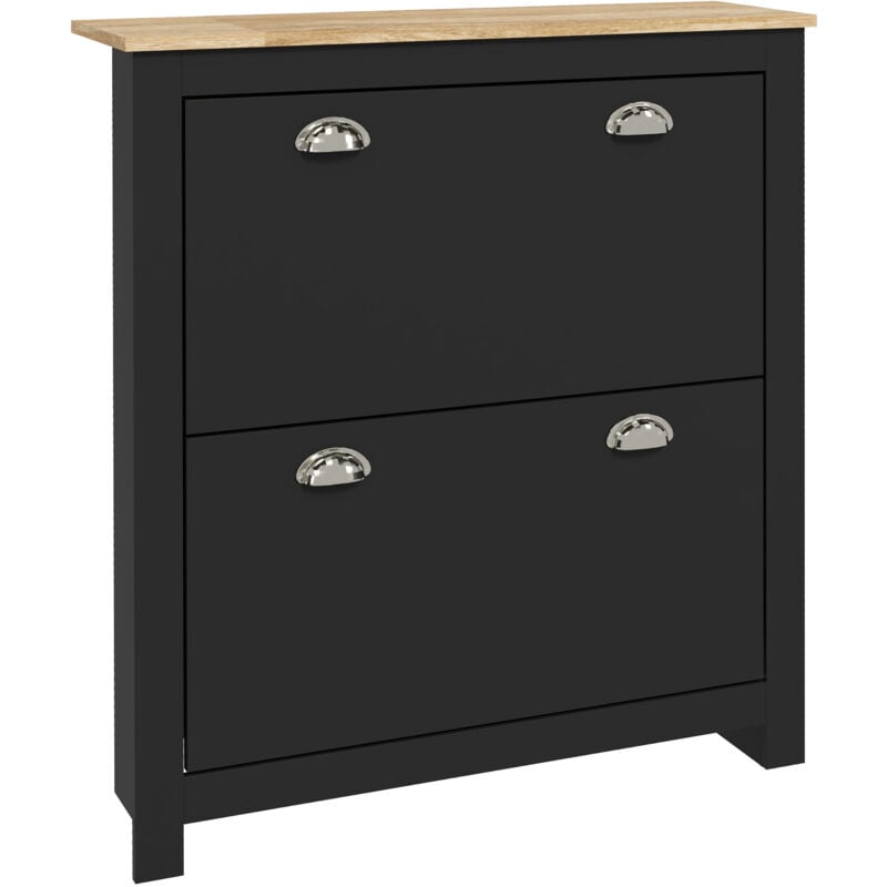 Homcom - Armoire à chaussures 2 portes abattantes 2 compartiments poignées coquilles métal mdf noir chêne clair