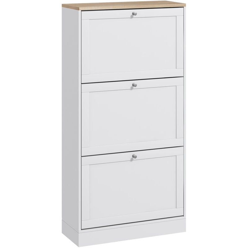 Homcom - Armoire à chaussures 3 portes abattantes 2 compartiments panneaux particules blanc aspect chêne clair