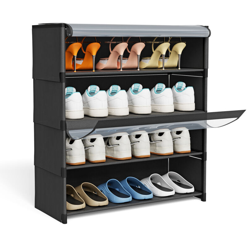 Armoire à chaussures 4 couches noir 73 x 64 x 30 cm – Tubes en Métal + Plastique – Avec porte en PVC translucide – Capacité 12 paires