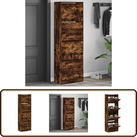 Armoire à chaussures 4 tiroirs rabattables chêne fumé - Armoire À Chaussures - Meuble Chaussure - Étagère Chaussures - Rangement Chaussures - Tiroir Pliable