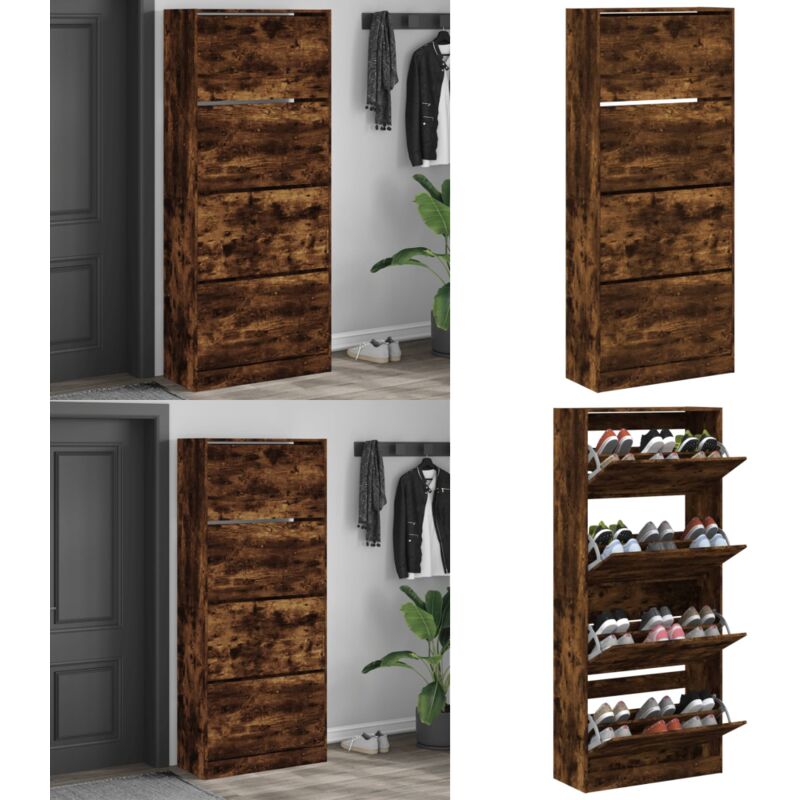 Armoire à chaussures 4 tiroirs rabattables chêne fumé - Meuble Chaussure - Étagère Chaussure - Rangements Chaussures - Armoire à Chaussures - Meuble