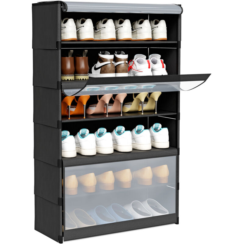 Armoire à chaussures 6 couches noir 105 x 64 x 30 cm – Tubes en Métal + Plastique – Avec porte en PVC translucide – Capacité 18 paires