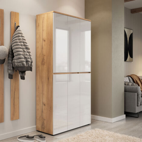 Armoire à chaussures 6 portes 105x41x199 cm blanc brillant et chêne