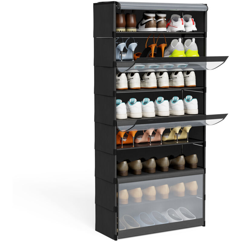 Armoire à chaussures 8 couches noir 139 x 64 x 30 cm – Tubes en Métal + Plastique – Avec porte en PVC translucide – Capacité 24 paires