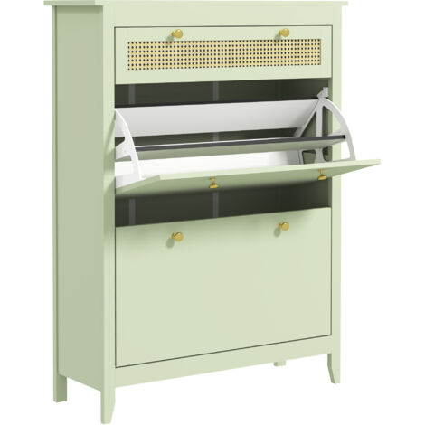 Armoire à chaussures 88×30×120 cm, 2 portes, 1 tiroir, capacité 12 paires. Meuble pour entrée ou couloir, couleur vert.