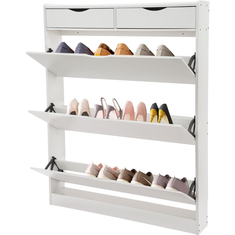 Armoire à chaussures à 3 abattants, Étagère à chaussures étroite ouverte avec 2 compartiments, Meuble de Rangement à Chaussures d'entrée, Dimensions