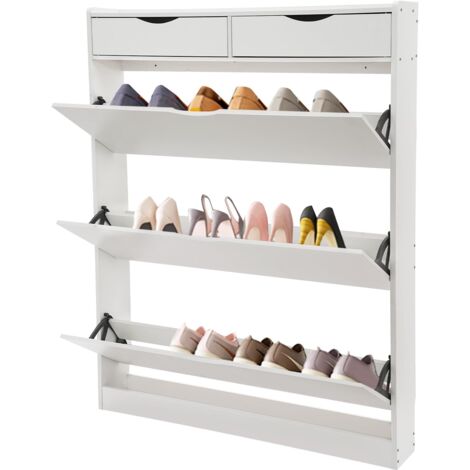 Armoire à chaussures à 3 abattants, Étagère à chaussures étroite ouverte avec 2 compartiments, Meuble de Rangement à Chaussures d'entrée, Dimensions : env. 100 x 130 x 17 cm