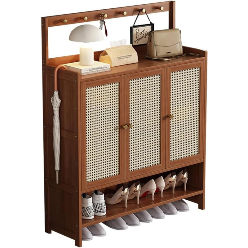 Sinbinta - Armoire à chaussures autoportante, garde-robe de couloir avec crochets pour parapluie, clés, sacs à main - Marron 98x131cm