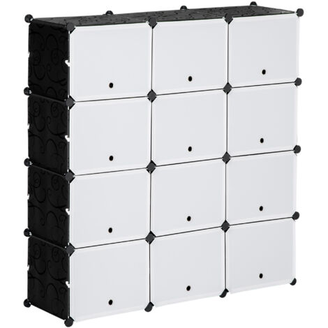 Armoire à chaussures avec 12 casiers DIY, étagère modulable à portes, plastique et acier, noir et blanc, 125 x 32 x 125 cm