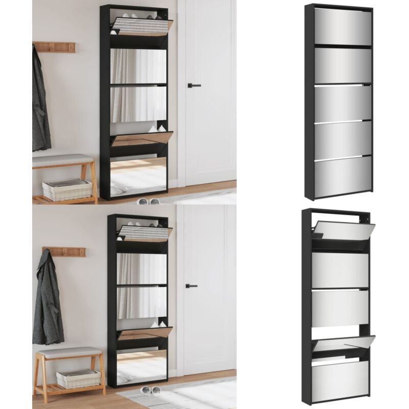 Armoire à chaussures avec miroir 5 niveaux noir 63x17x169,5 cm - Meuble Chaussure - Rangements Chaussures - Armoire À Chaussures - Étagère Chaussures