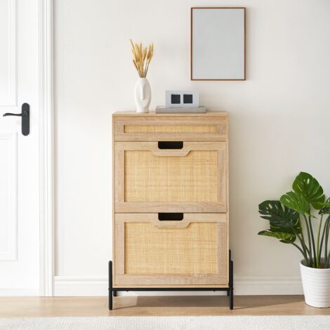 Armoire à chaussures avec portes pliantes en rotin et bois, 4 compartiments, autoportant, commode à chaussures, porte à chaussures étroite pour le rangement, pour couloir, entrée, salon, armoire (100 