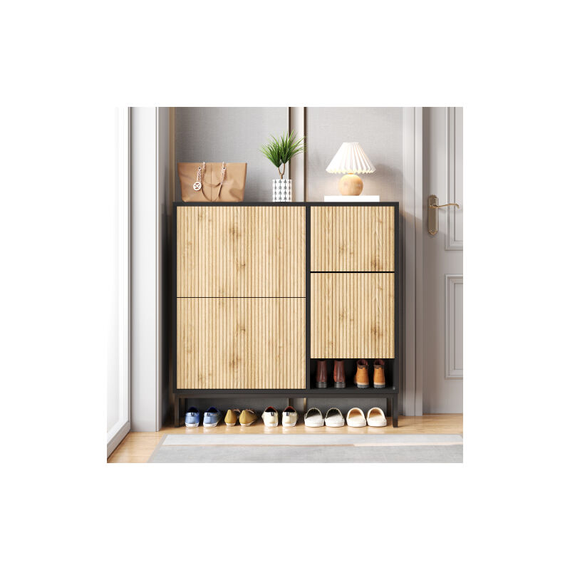 Armoire à chaussures avec tabouret de changement de chaussures, étagère à chaussures à trois plis et étagère à chaussures ouverte pour couloir,