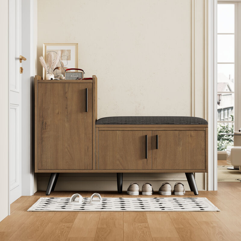 Fortuna Lai - Armoire à chaussures - Banc à chaussures avec 3 portes de rangement et 1 coussin- L100xT34xH69 cm - Naturel