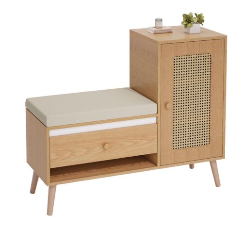 Armoire à chaussures banquette rotin coussin siège entrée multifonction tiroirs compartiments ouverts-Go.