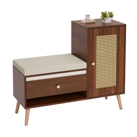 Armoire à chaussures banquette rotin coussin siège entrée multifonction tiroirs compartiments ouverts-Mi.