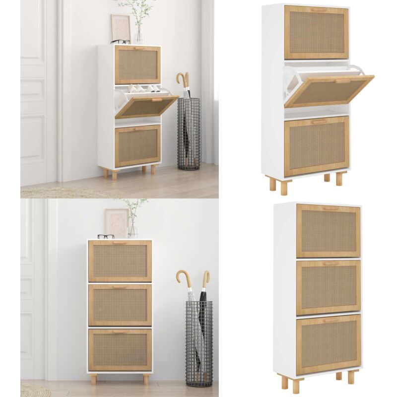 Armoire à chaussures Blanc 52x25x115 cm Bois d'ingénierie/rotin - Meuble Range Chaussure - Armoire Chaussure - Rangement Chaussures - Placard