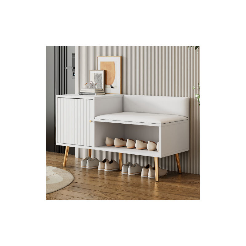 Armoire à chaussures blanche moderne et luxueuse avec rangement, banquette rembourrée et dossier ¹ porte - chaussures Ω avec poignée en métal et