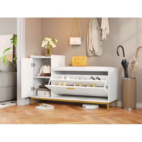 Armoire à chaussures de dimensions 100×38×68 cm. Cette armoire est équipée de 2 compartiments. Elle est en matériau brillant. Les bancs pour les chaussures sont dotés de coussins et d’espace de rangem